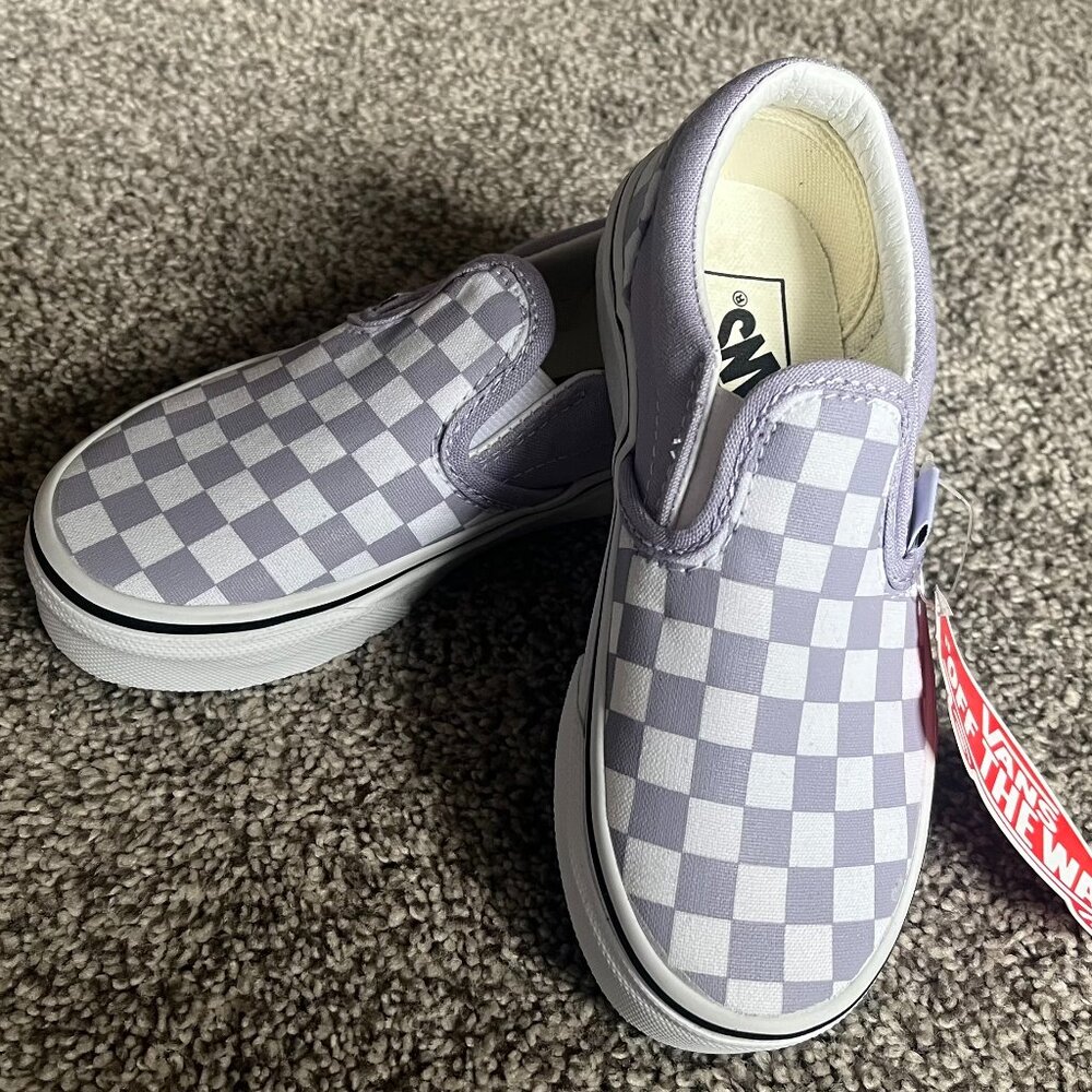 NEW!! Vans Kids Classic Checkered Slip Ons- Canvas Lavender & White Size 11